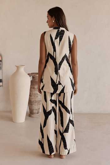 Shop_Arje India_Black Linen Leaf Print Blazer And Pant Set _at_Aza_Fashions