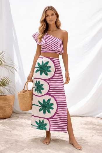 Buy_Arje India_Multi Color Satin, Linen One Shoulder Print Ruffle Top And Skirt Set _at_Aza_Fashions