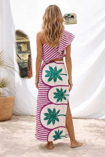 Shop_Arje India_Multi Color Satin, Linen One Shoulder Print Ruffle Top And Skirt Set _at_Aza_Fashions