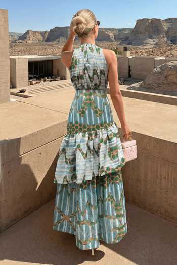 Shop_Arje India_Green Linen Halter Neck Polka Dot Print Dress _at_Aza_Fashions