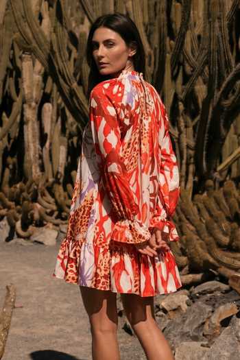 Shop_Arje India_Multi Color Satin High Neck Abstract Print Dress _at_Aza_Fashions