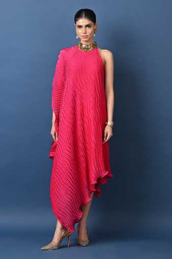 Shop_Kiran Uttam Ghosh_Magenta Polyester One Shoulder Wavy Pleated Tunic _at_Aza_Fashions