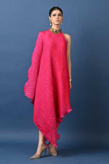 Kiran Uttam Ghosh_Magenta Polyester One Shoulder Wavy Pleated Tunic _Online_at_Aza_Fashions