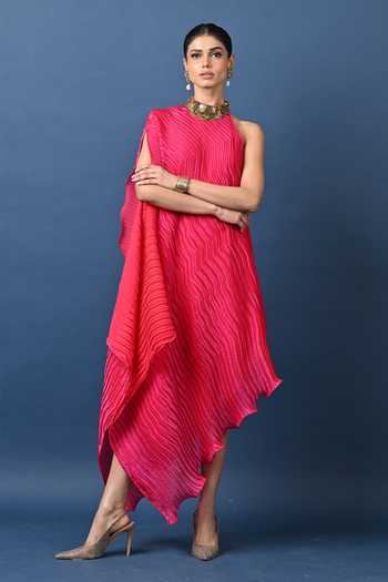 Buy_Kiran Uttam Ghosh_Magenta Polyester One Shoulder Wavy Pleated Tunic _at_Aza_Fashions