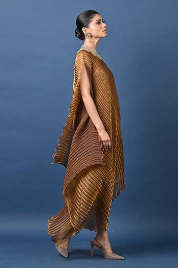 Kiran Uttam Ghosh_Gold Polyester High Neck, Yes Embroidered Collar One Shoulder Tunic _Online_at_Aza_Fashions