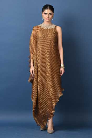 Buy_Kiran Uttam Ghosh_Gold Polyester High Neck, Yes Embroidered Collar One Shoulder Tunic _at_Aza_Fashions
