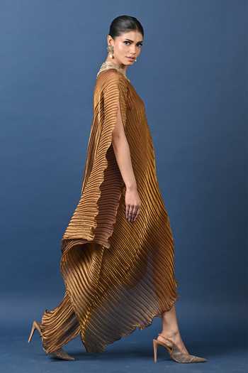 Shop_Kiran Uttam Ghosh_Gold Polyester High Neck, Yes Embroidered Collar One Shoulder Tunic _at_Aza_Fashions
