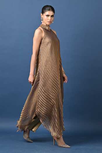 Shop_Kiran Uttam Ghosh_Gold Polyester Choker Neck Collar Detailed Pleated Tunic _at_Aza_Fashions