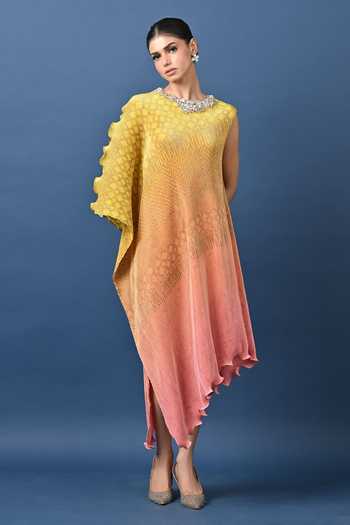 Shop_Kiran Uttam Ghosh_Yellow Polyester High Neck Embroidered Ombre Draped Tunic _at_Aza_Fashions