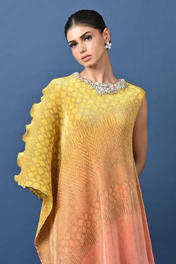 Buy_Kiran Uttam Ghosh_Yellow Polyester High Neck Embroidered Ombre Draped Tunic _Online_at_Aza_Fashions
