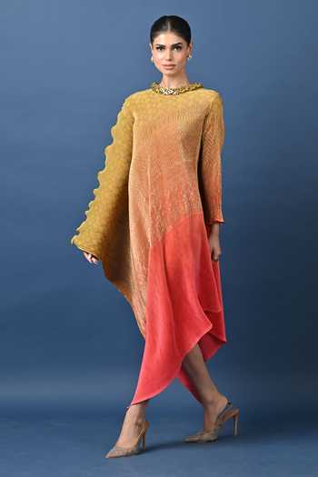 Kiran Uttam Ghosh_Yellow Polyester High Neck Embroidered Ombre Pleated Draped Tunic _Online_at_Aza_Fashions