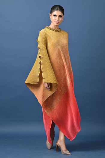 Shop_Kiran Uttam Ghosh_Yellow Polyester High Neck Embroidered Ombre Pleated Draped Tunic _at_Aza_Fashions