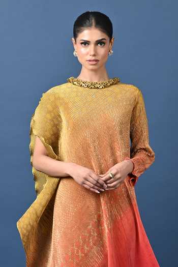 Buy_Kiran Uttam Ghosh_Yellow Polyester High Neck Embroidered Ombre Pleated Draped Tunic _Online_at_Aza_Fashions