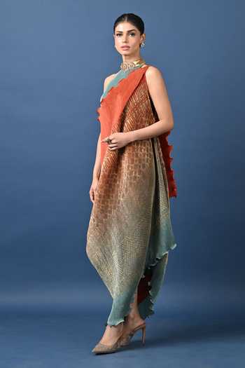 Kiran Uttam Ghosh_Orange Polyester Mandarin Collar Ombre Pleated Draped Tunic _Online_at_Aza_Fashions