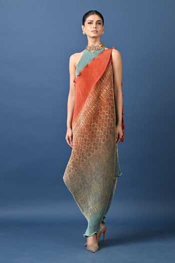 Buy_Kiran Uttam Ghosh_Orange Polyester Mandarin Collar Ombre Pleated Draped Tunic _Online_at_Aza_Fashions