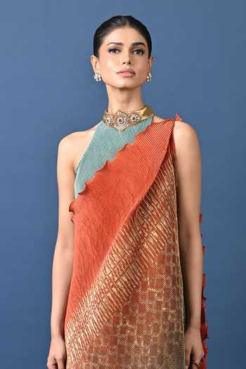 Shop_Kiran Uttam Ghosh_Orange Polyester Mandarin Collar Ombre Pleated Draped Tunic _Online_at_Aza_Fashions