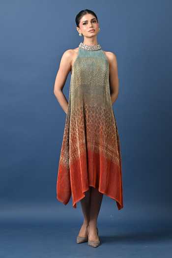 Shop_Kiran Uttam Ghosh_Orange Polyester Choker Neck, Yes Embroidered Collar Pleated Tunic _at_Aza_Fashions