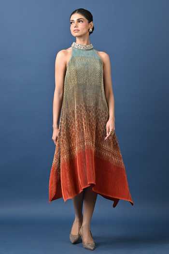 Kiran Uttam Ghosh_Orange Polyester Choker Neck, Yes Embroidered Collar Pleated Tunic _Online_at_Aza_Fashions