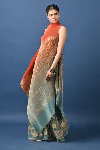Buy_Kiran Uttam Ghosh_Orange Polyester High Neck Printed Pleated Draped Tunic _at_Aza_Fashions