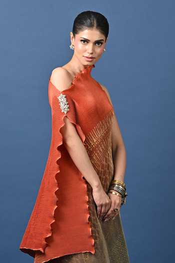 Buy_Kiran Uttam Ghosh_Orange Polyester High Neck Printed Pleated Draped Tunic _Online_at_Aza_Fashions