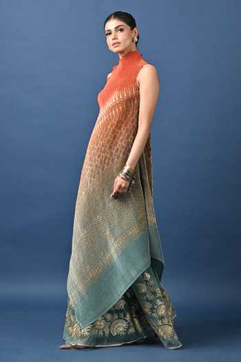 Shop_Kiran Uttam Ghosh_Orange Polyester High Neck Printed Pleated Draped Tunic _at_Aza_Fashions