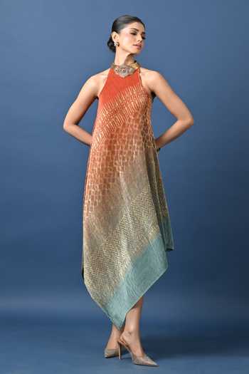 Buy_Kiran Uttam Ghosh_Orange Polyester Choker Neck Diagonal Cutaway Embroidered Collar Tunic _at_Aza_Fashions