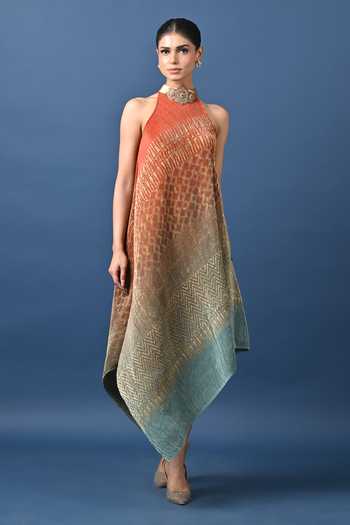 Kiran Uttam Ghosh_Orange Polyester Choker Neck Diagonal Cutaway Embroidered Collar Tunic _Online_at_Aza_Fashions