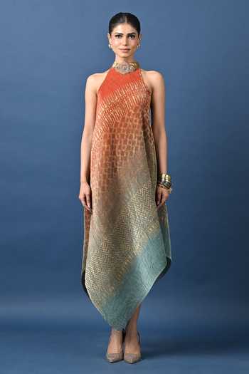 Shop_Kiran Uttam Ghosh_Orange Polyester Choker Neck Diagonal Cutaway Embroidered Collar Tunic _at_Aza_Fashions
