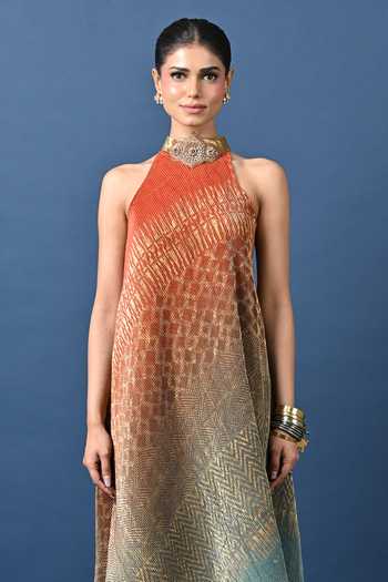 Buy_Kiran Uttam Ghosh_Orange Polyester Choker Neck Diagonal Cutaway Embroidered Collar Tunic _Online_at_Aza_Fashions