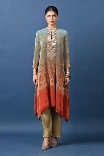Kiran Uttam Ghosh_Orange Polyester Embroidered Pleated Printed Tunic _Online_at_Aza_Fashions