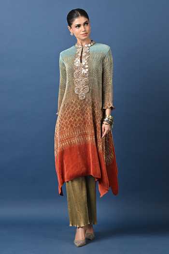 Shop_Kiran Uttam Ghosh_Orange Polyester Embroidered Pleated Printed Tunic _at_Aza_Fashions