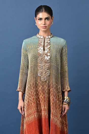 Buy_Kiran Uttam Ghosh_Orange Polyester Embroidered Pleated Printed Tunic _Online_at_Aza_Fashions