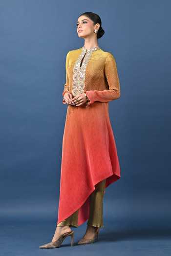 Kiran Uttam Ghosh_Multi Color Polyester Round Neck Pleated Ombre Printed Tunic _Online_at_Aza_Fashions