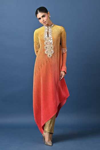 Shop_Kiran Uttam Ghosh_Multi Color Polyester Round Neck Pleated Ombre Printed Tunic _at_Aza_Fashions