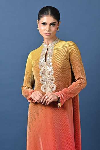 Buy_Kiran Uttam Ghosh_Multi Color Polyester Round Neck Pleated Ombre Printed Tunic _Online_at_Aza_Fashions