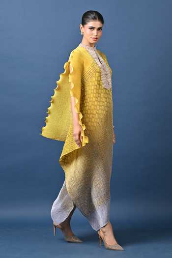 Shop_Kiran Uttam Ghosh_Yellow Polyester Mandarin Collar Ombre Pleated Draped Tunic _at_Aza_Fashions