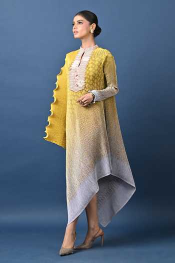 Kiran Uttam Ghosh_Yellow Polyester Mandarin Collar Ombre Pleated Draped Tunic _Online_at_Aza_Fashions