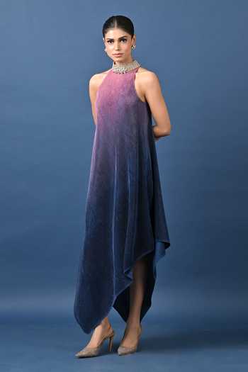 Kiran Uttam Ghosh_Pink Polyester Choker Neck Ombre Pleated Printed Tunic _Online_at_Aza_Fashions