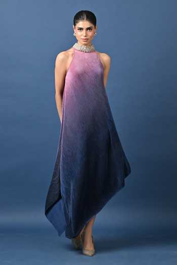 Shop_Kiran Uttam Ghosh_Pink Polyester Choker Neck Ombre Pleated Printed Tunic _at_Aza_Fashions