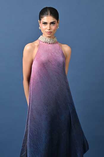 Buy_Kiran Uttam Ghosh_Pink Polyester Choker Neck Ombre Pleated Printed Tunic _Online_at_Aza_Fashions