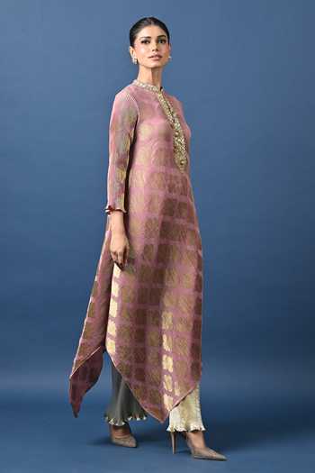 Shop_Kiran Uttam Ghosh_Pink Polyester Round Neck Printed Pleated Asymmetric Tunic _at_Aza_Fashions