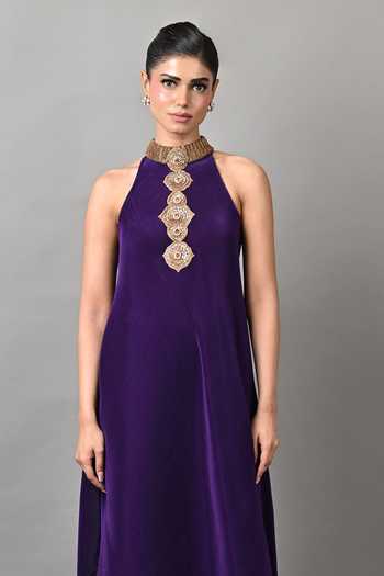 Kiran Uttam Ghosh_Purple Polyester High Neck Diagonal Cutaway Embroidered Collar Tunic _Online_at_Aza_Fashions