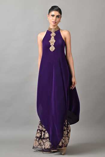 Buy_Kiran Uttam Ghosh_Purple Polyester High Neck Diagonal Cutaway Embroidered Collar Tunic _Online_at_Aza_Fashions
