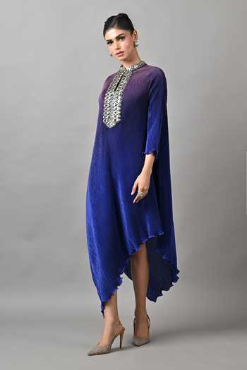 Kiran Uttam Ghosh_Blue Polyester High Neck Ombre Pleated Draped Tunic _Online_at_Aza_Fashions