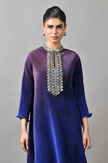 Buy_Kiran Uttam Ghosh_Blue Polyester High Neck Ombre Pleated Draped Tunic _Online_at_Aza_Fashions