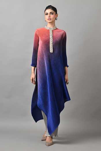 Kiran Uttam Ghosh_Blue Polyester High Neck Ombre Pleated Asymmetric Tunic _Online_at_Aza_Fashions