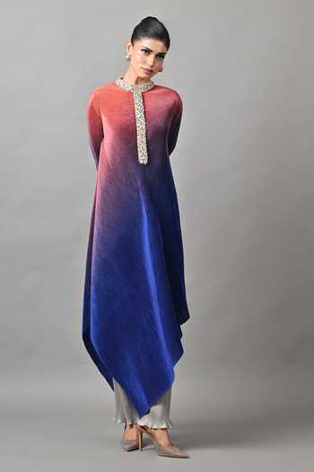 Shop_Kiran Uttam Ghosh_Blue Polyester High Neck Ombre Pleated Asymmetric Tunic _at_Aza_Fashions