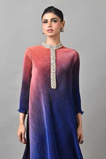 Buy_Kiran Uttam Ghosh_Blue Polyester High Neck Ombre Pleated Asymmetric Tunic _Online_at_Aza_Fashions