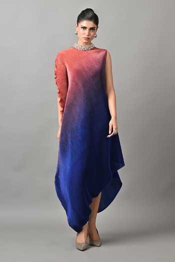 Kiran Uttam Ghosh_Blue Polyester One Shoulder Ombre Pleated Tunic _Online_at_Aza_Fashions
