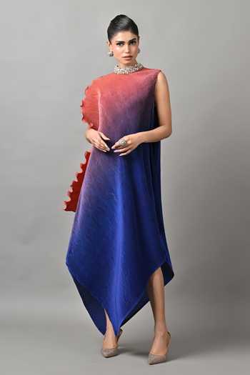 Buy_Kiran Uttam Ghosh_Blue Polyester One Shoulder Ombre Pleated Tunic _at_Aza_Fashions